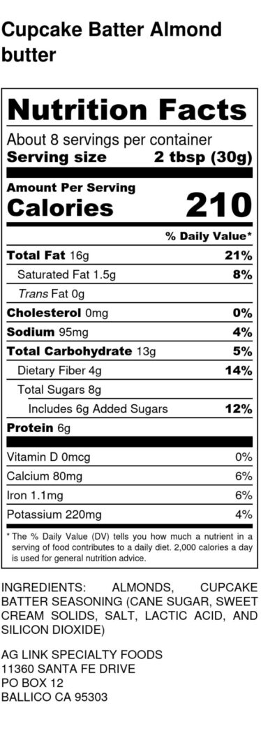 Cupcake Batter Almond butter - Nutrition Label